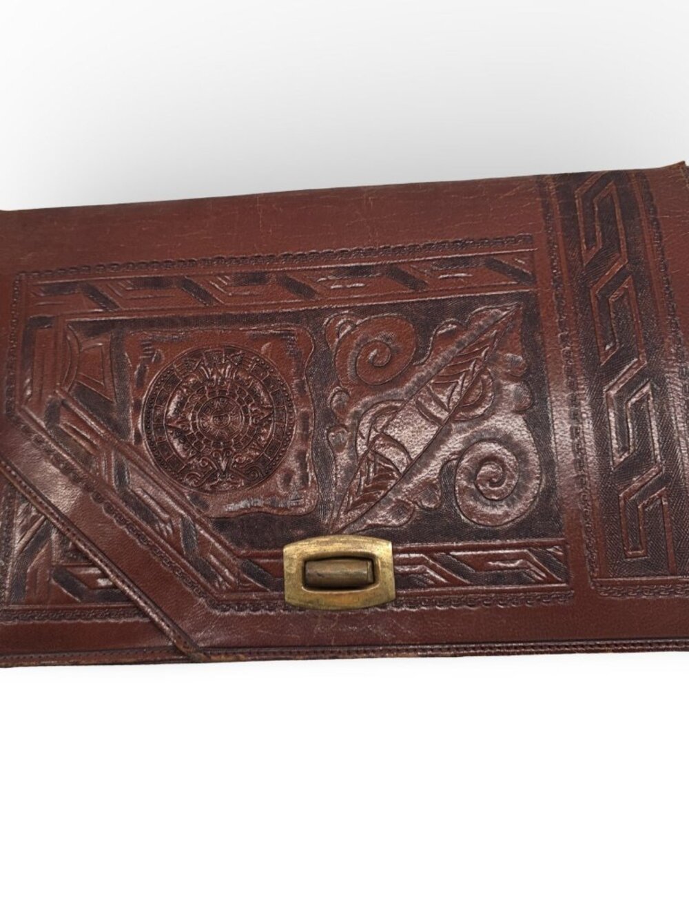 Vintage ARTIK Mexico Hand Tooled Leather Clutch Bag Aztec Sun Mayan Boho Purse